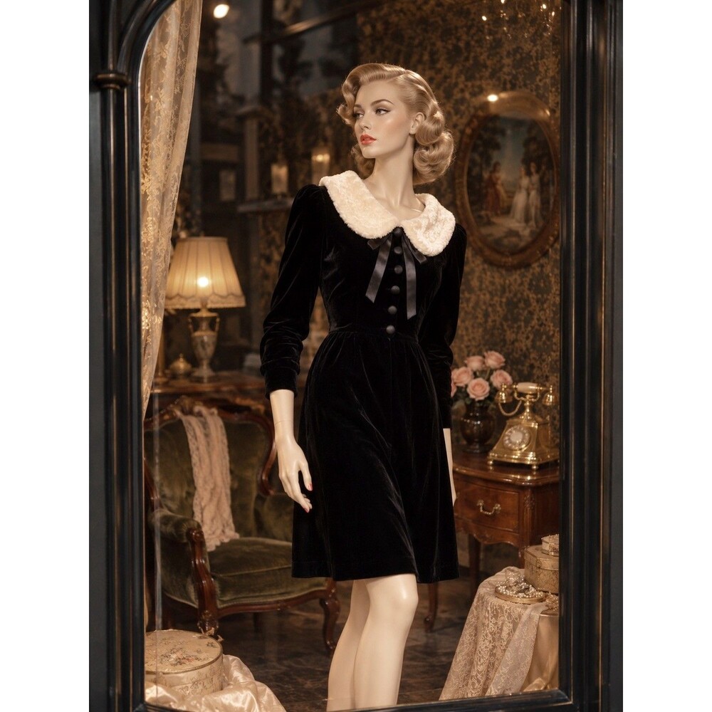 Vintage Art Deco Black Silk Velvet Dress 1940s Fur Collar Satin Bow WWII Era